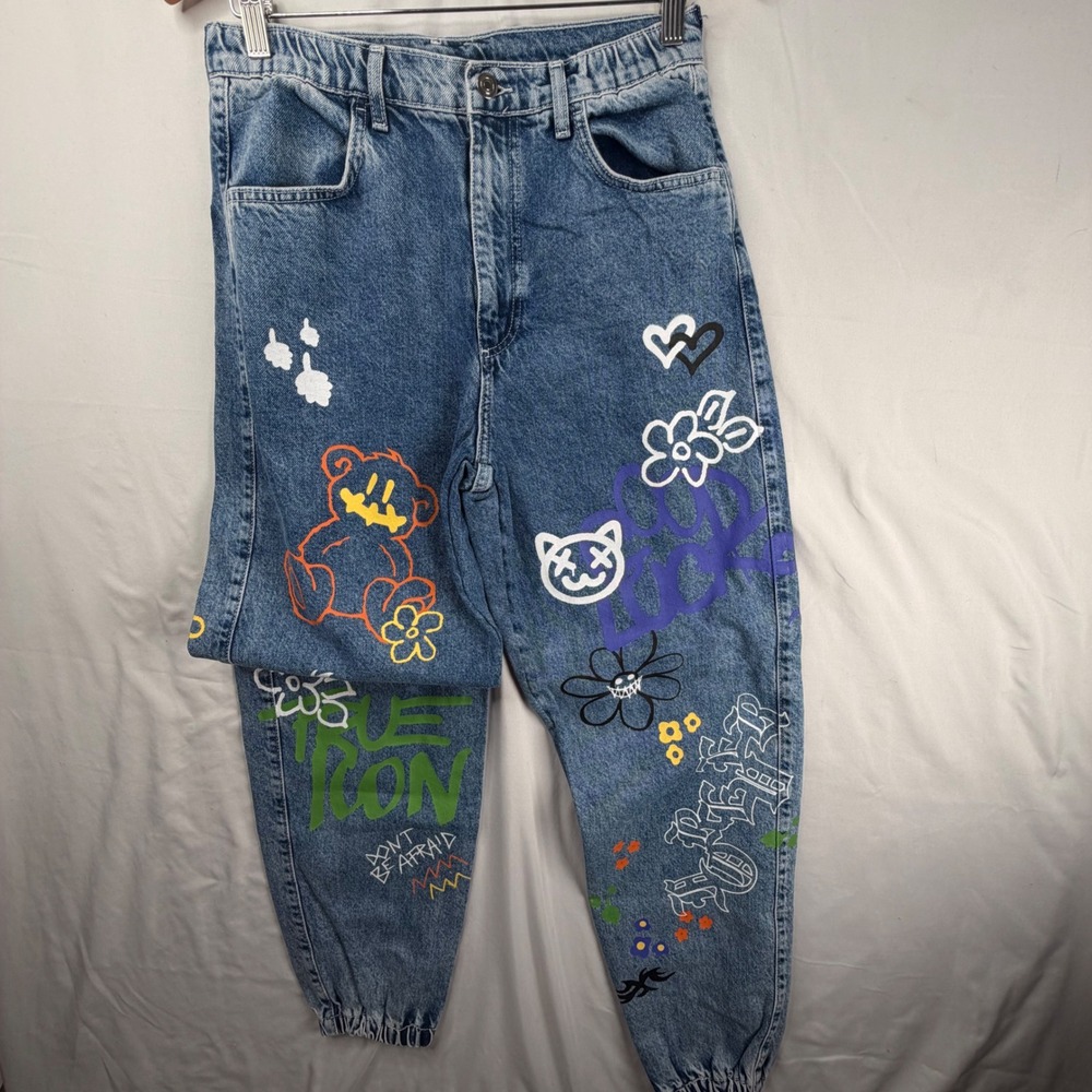 Zara Graphic Print Denim Joggers 31 Blue Graffiti Teddy Bear Streetwear Jeans
